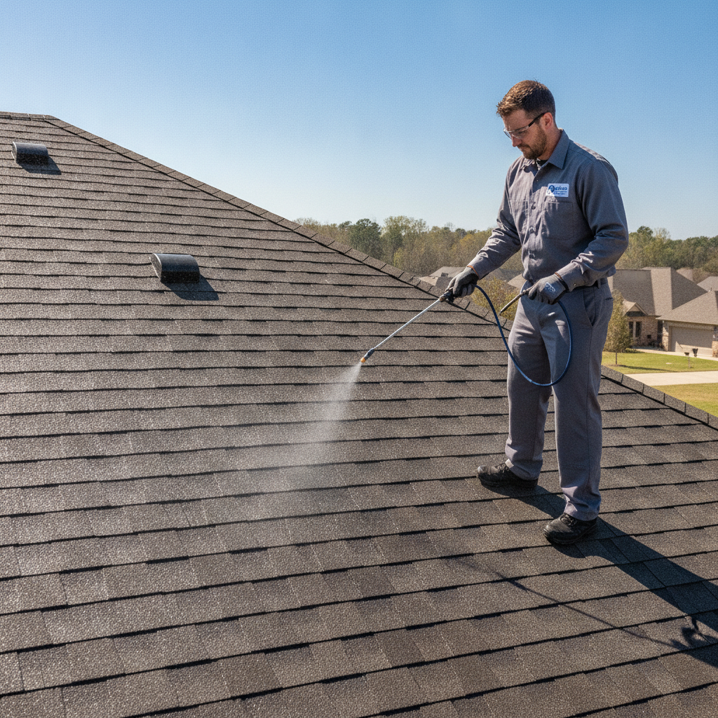 A certified Renu technician applying the treatment to an asphalt shingle roof