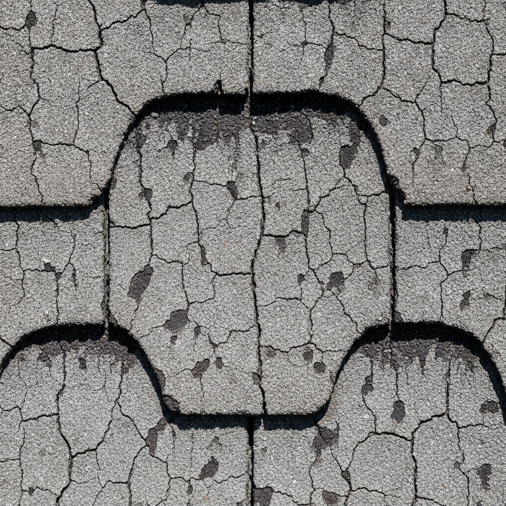 Illustration of dried-out asphalt shingles, cracked and curling at the edges