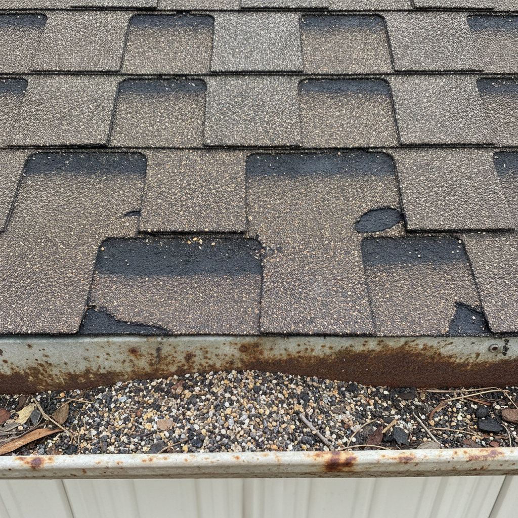 Asphalt shingle with bald patches and loose granules collecting in a gutter
