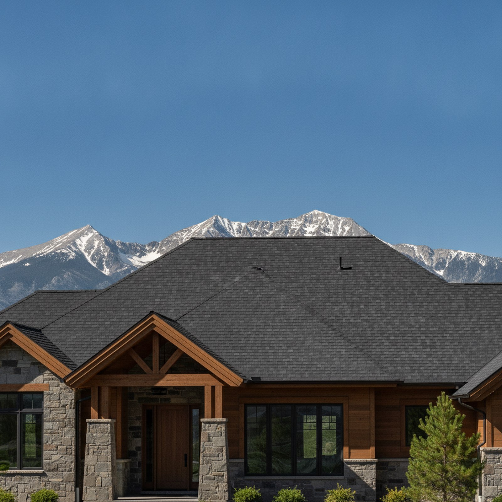 A Utah home with a broad asphalt shingle roof against the Wasatch mountains