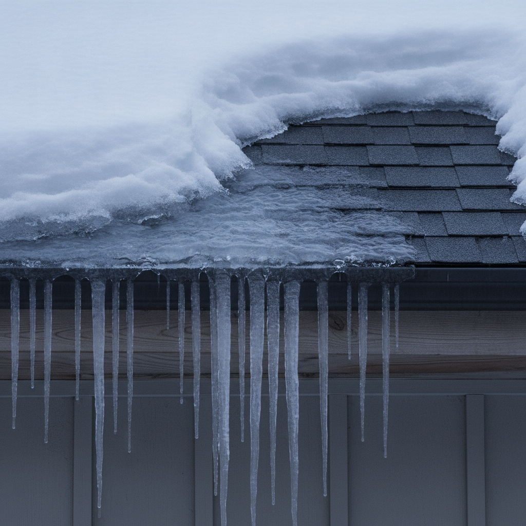 Ice dam and icicles forming along the snowy eave of a shingle roof