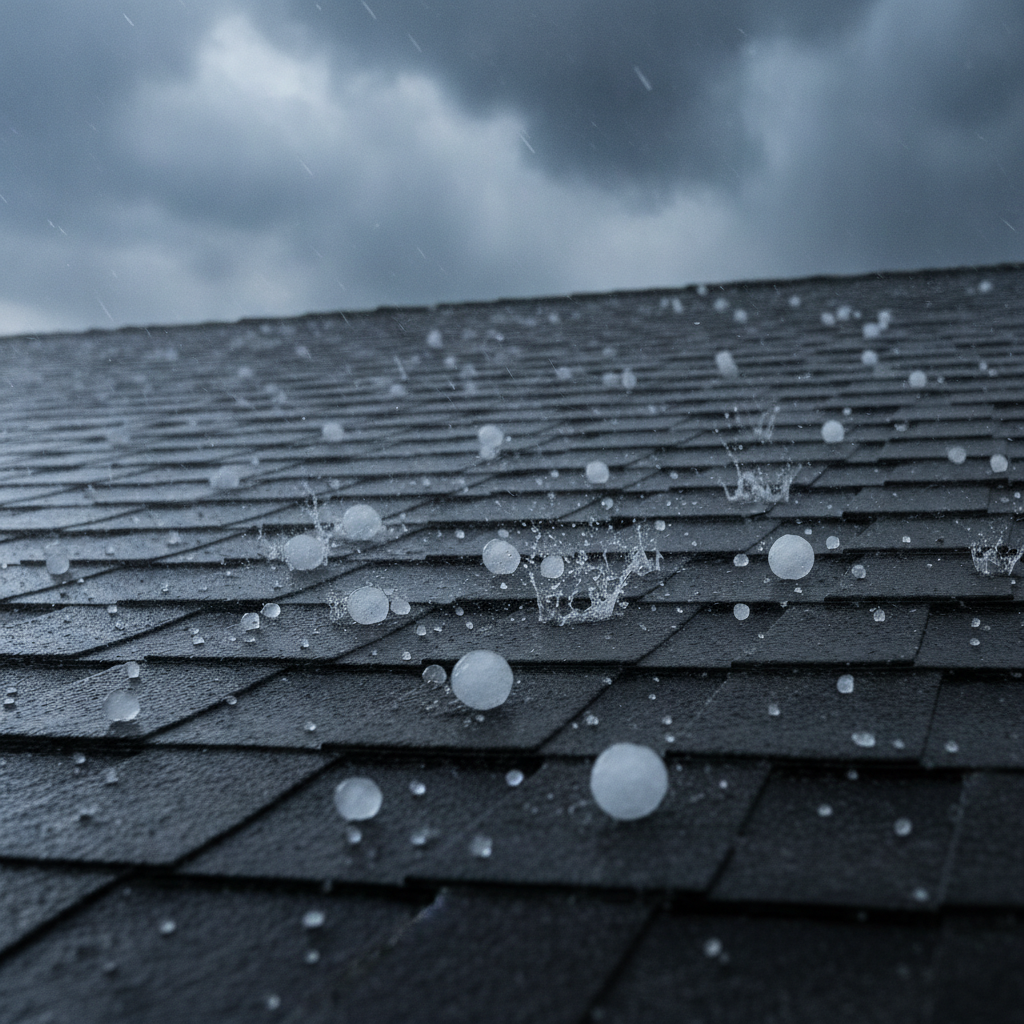 Hailstones on a shingle roof during a storm