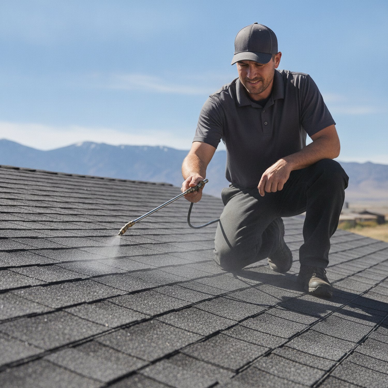 A Vive technician applying the protective treatment to an asphalt shingle roof