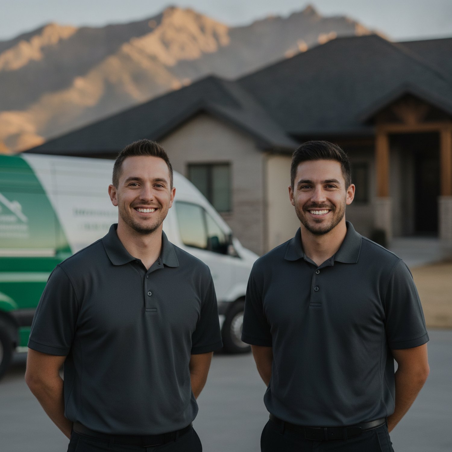 Two Vive technicians in company polos standing in a driveway in front of their service van