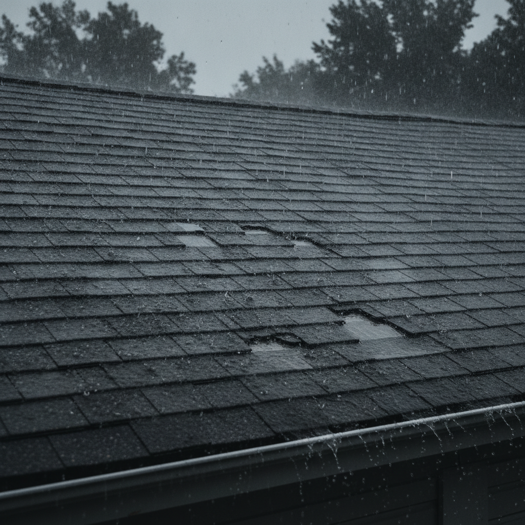 Heavy rain soaking into worn, weathered asphalt shingles