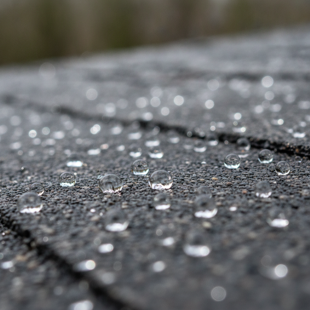 Water beading and rolling off a treated shingle