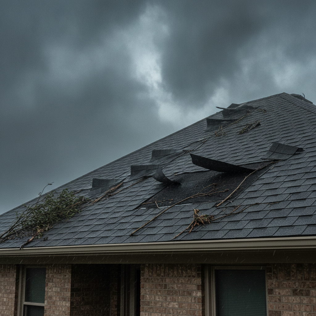 Asphalt shingle tabs lifted and curled by strong wind during a storm